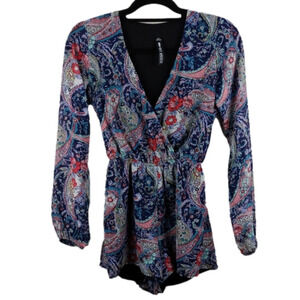 Design Lab Lord &Taylor Blue Multicolored Paisley Long Sleeve Crossbody Romper